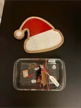 Mud Pie Holiday Santa Hat Serving Board and Glass Baking Dish Set - Red &